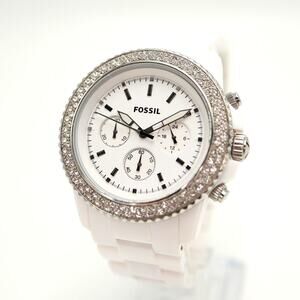 Fossil White 42mm Chronograph Watch Jewel Bezel Acrylic CH2671 w New Battery